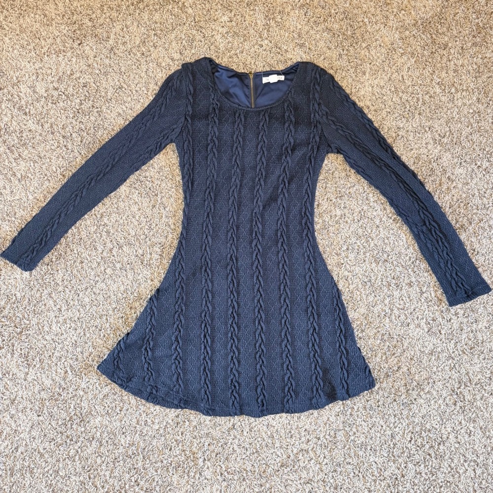 Loveriche Navy Blue Cable Knit Long Sleeve A-Line Sweater Dress Small LD40825